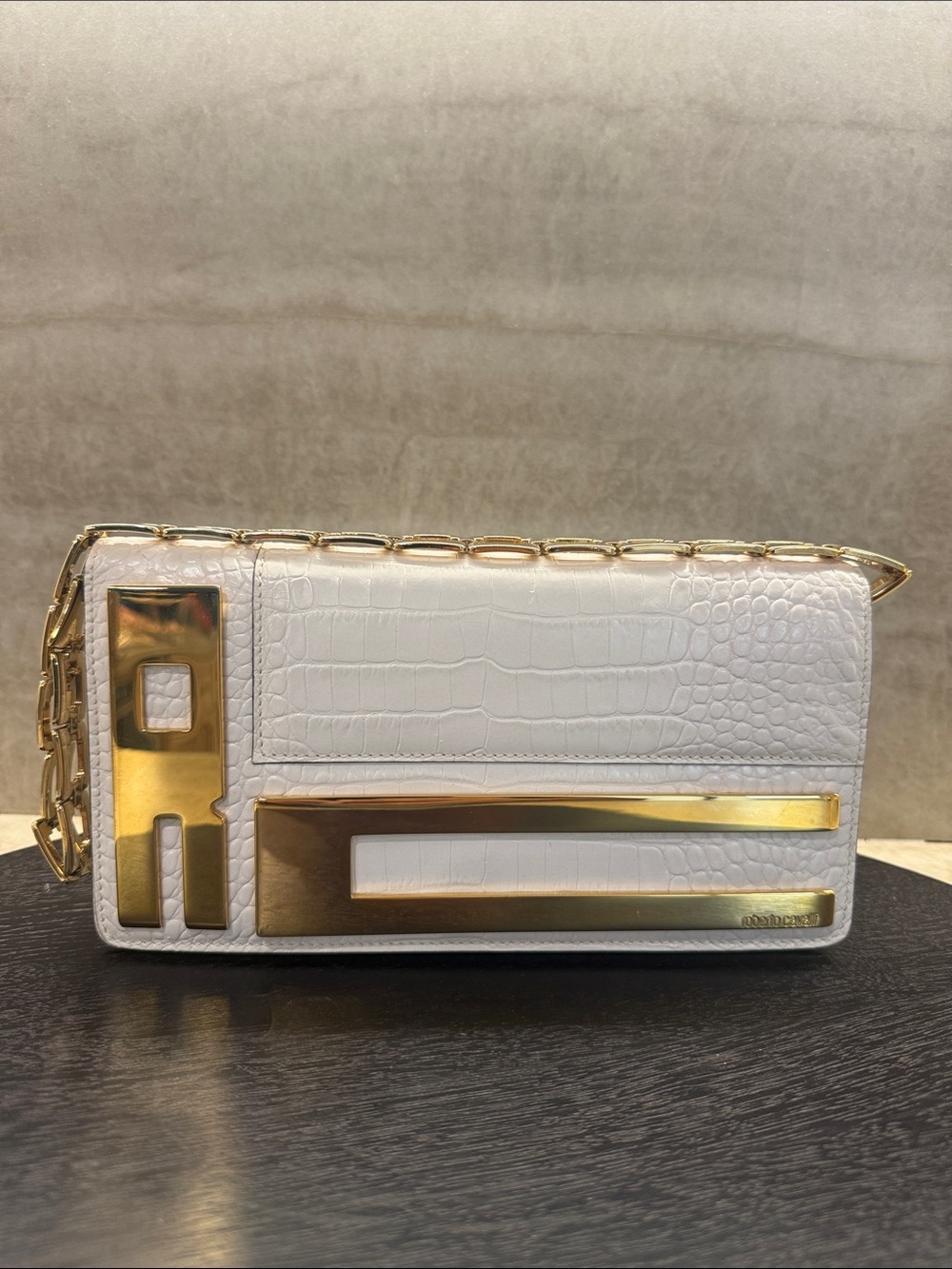 Roberto Cavalli White Croc-Embossed Shoulder Clutch with Gold Hardware